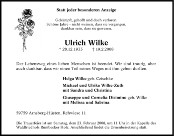 Traueranzeige von Ulrich Wilke von Tageszeitung