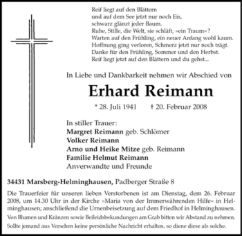 Traueranzeige von Erhard Reimann von Tageszeitung