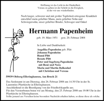 Traueranzeige von Hermann Papenheim von Tageszeitung