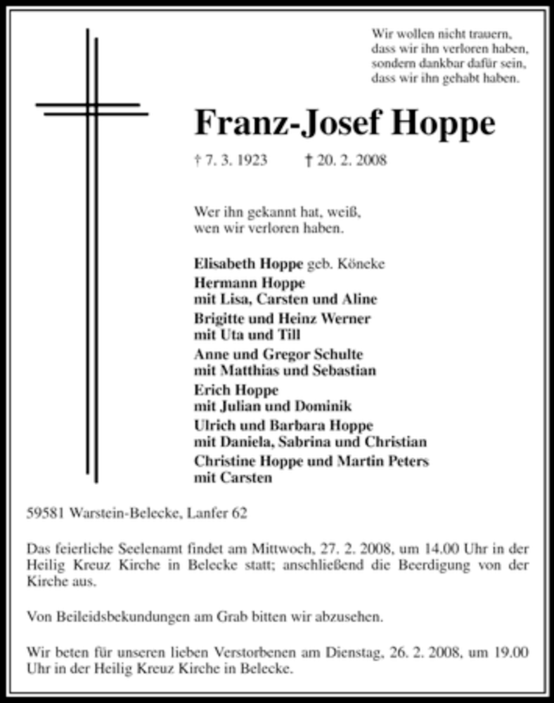  Traueranzeige für Franz-Josef Hoppe vom 22.02.2008 aus Tageszeitung