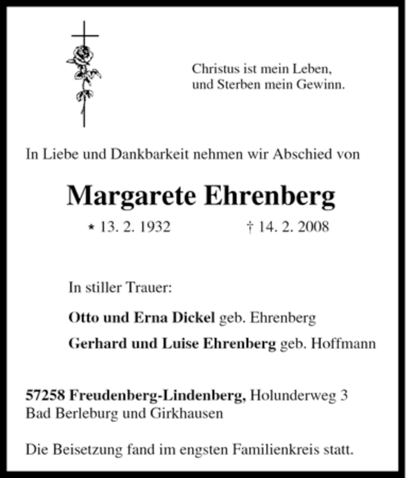  Traueranzeige für Margarete Ehrenberg vom 23.02.2008 aus Tageszeitung