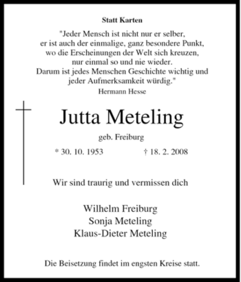 Traueranzeige von Jutta Meteling von Tageszeitung