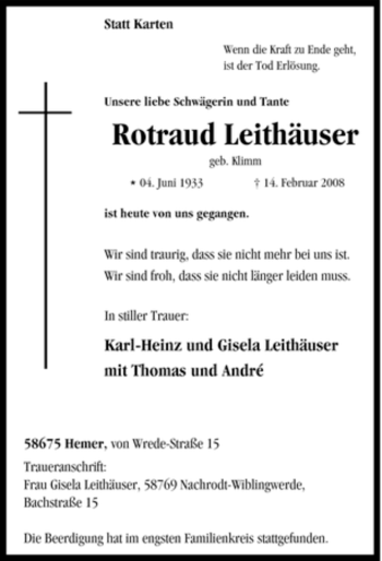 Traueranzeige von Rotraud Leithäuser von Tageszeitung