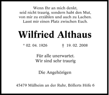 Traueranzeige von Wilfried Althaus von Tageszeitung