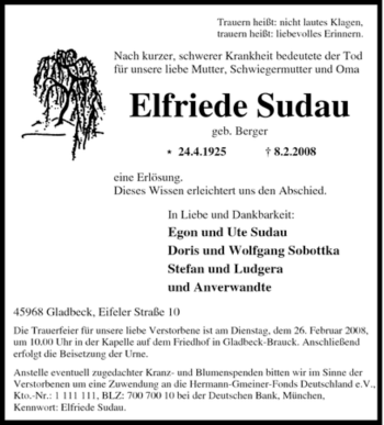 Traueranzeige von Elfriede Sudau von Tageszeitung