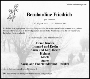 Traueranzeige von Bernhardine Friedrich von Tageszeitung