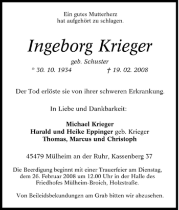 Traueranzeige von Ingeborg Krieger von Tageszeitung