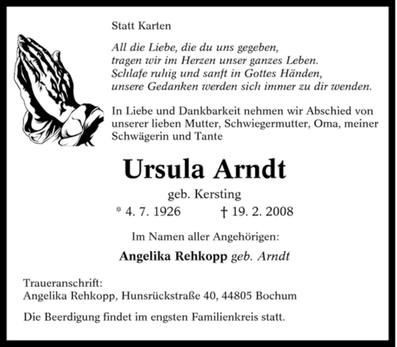  Traueranzeige für Ursula Arndt vom 23.02.2008 aus Tageszeitung