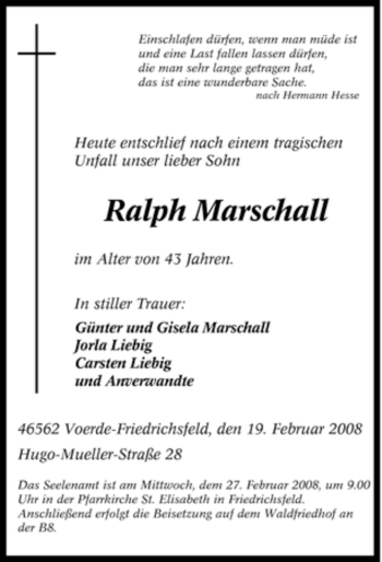 Traueranzeige von Ralph Marschall von Tageszeitung