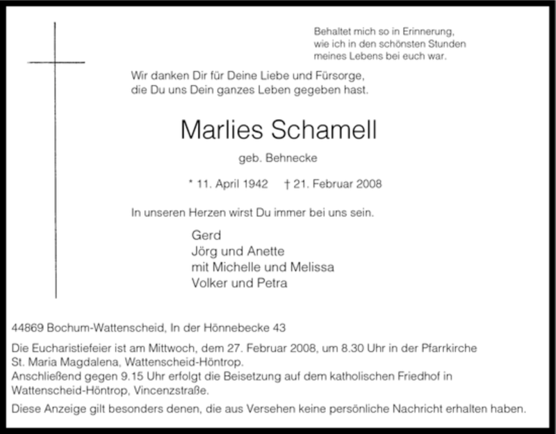  Traueranzeige für Marlies Schamell vom 23.02.2008 aus Tageszeitung