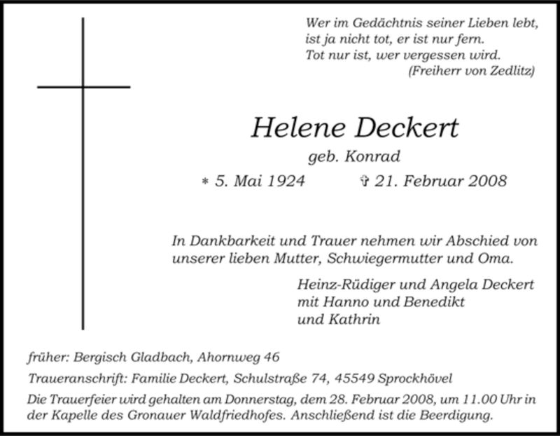  Traueranzeige für Helene Deckert vom 23.02.2008 aus Tageszeitung