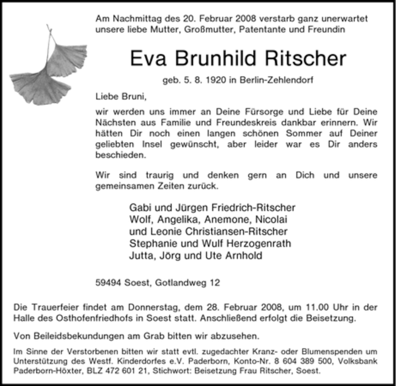 Traueranzeige für Eva Brunhild Ritscher vom 23.02.2008 aus Tageszeitung