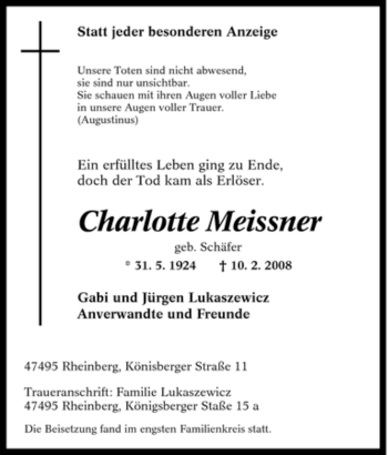 Traueranzeige von Charlotte Meissner von Tageszeitung