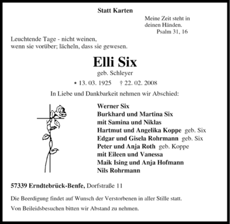  Traueranzeige für Elli Six geb. Schleyer vom 23.02.2008 aus Tageszeitung
