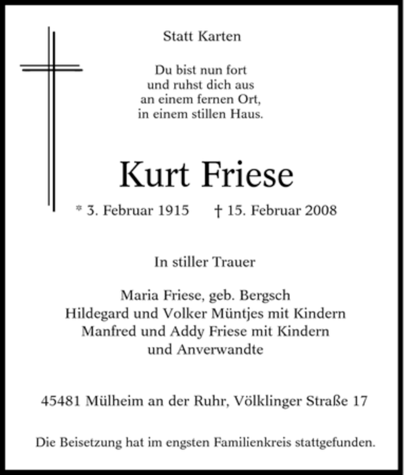 Traueranzeige für Kurt Friese vom 23.02.2008 aus Tageszeitung