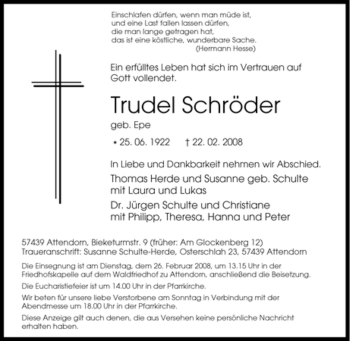 Traueranzeige von Trudel Schröder von Tageszeitung