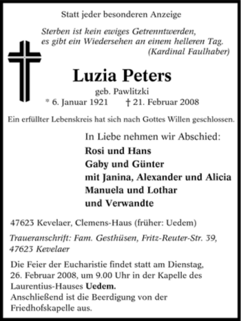 Traueranzeige von Luzia Peters von Tageszeitung