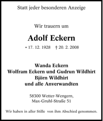 Traueranzeige von Adolf Eckern von Tageszeitung