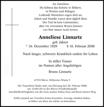 Traueranzeige von Anneliese Linnartz von Tageszeitung