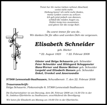 Traueranzeige von Elisabeth Schneider von Tageszeitung