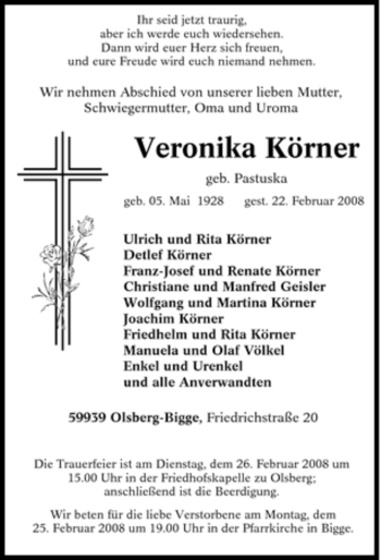 Traueranzeige von Veronika Körner von Tageszeitung