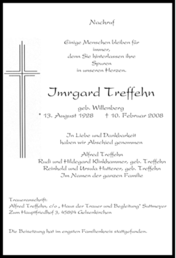 Traueranzeige von Imrgard Treffehn von Tageszeitung