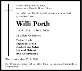 Traueranzeige von Willi Porth von Tageszeitung