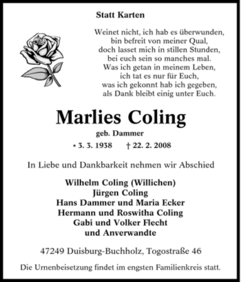 Traueranzeige von Marlies Coling von Tageszeitung
