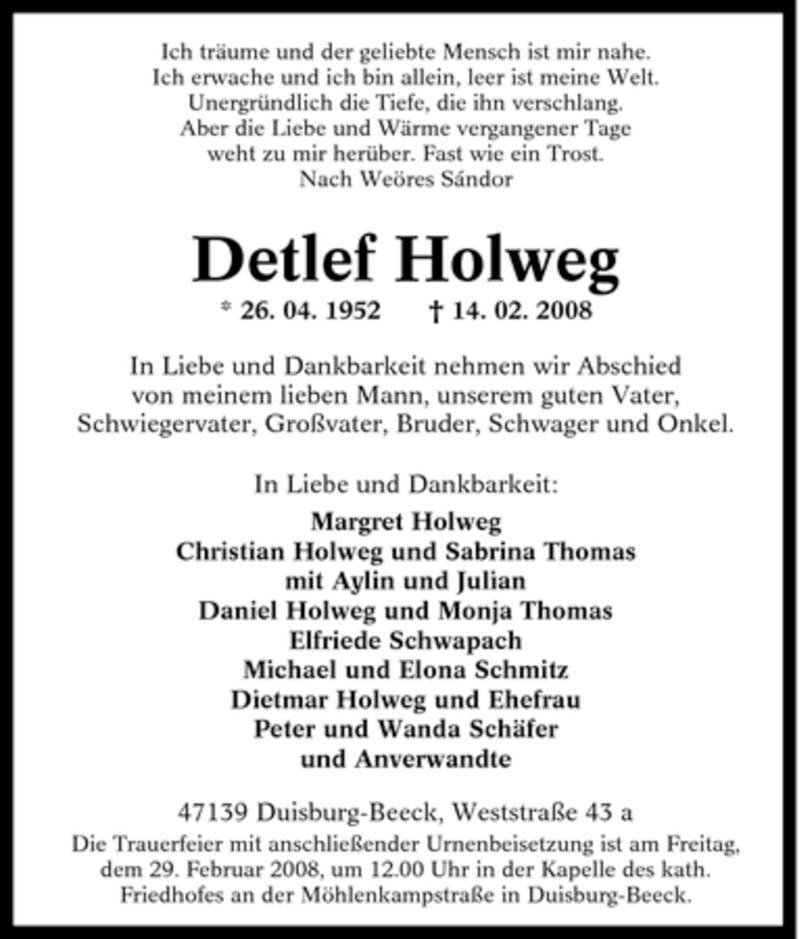  Traueranzeige für Detlef Holweg vom 25.02.2008 aus Tageszeitung
