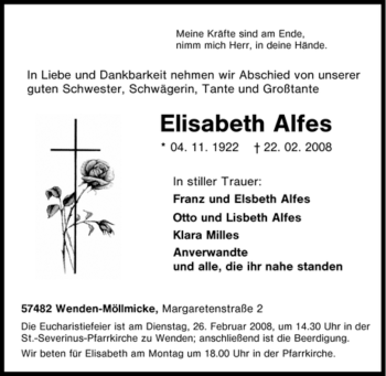 Traueranzeige von Elisabeth Alfes von Tageszeitung