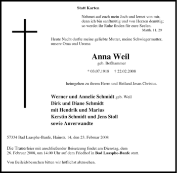 Traueranzeige von Anna Weil geb. Boßhammer von Tageszeitung