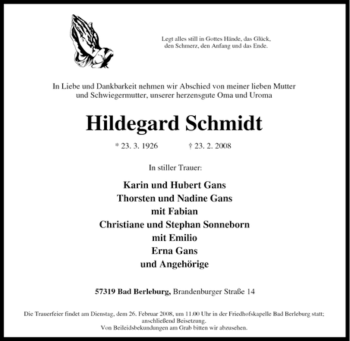 Traueranzeige von Hildegard Schmidt von Tageszeitung