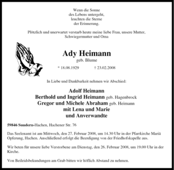 Traueranzeige von Ady Heimann von Tageszeitung