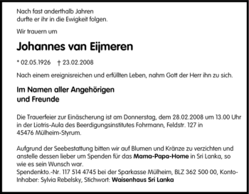 Traueranzeige von Johannes van Eijmeren von Tageszeitung