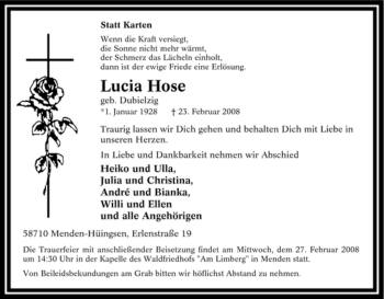Traueranzeige von Lucia Hose von Tageszeitung
