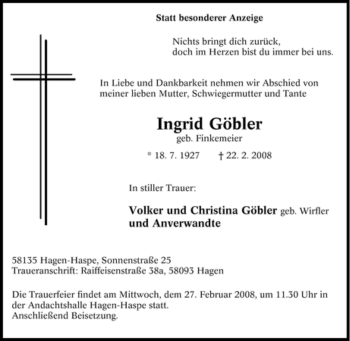 Traueranzeige von Ingrid Göbler von Tageszeitung