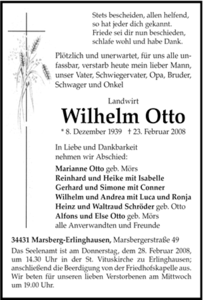  Traueranzeige für Wilhelm Otto vom 25.02.2008 aus Tageszeitung
