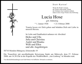 Traueranzeige von Lucia Hose von Tageszeitung