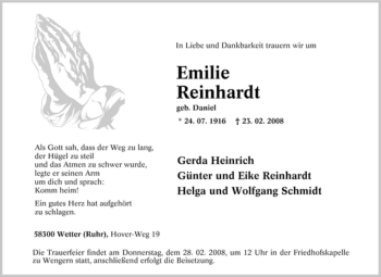 Traueranzeige von milie Reinhardt von Tageszeitung