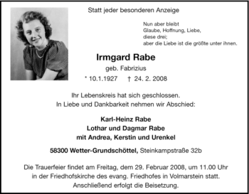 Traueranzeige von Irmgard Rabe von Tageszeitung