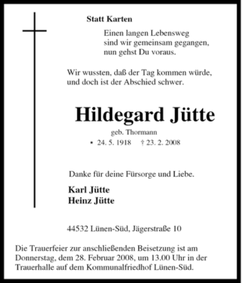 Traueranzeige von Hildegard Jütte von Tageszeitung