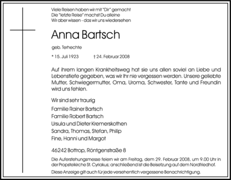  Traueranzeige für Anna Bartsch vom 26.02.2008 aus Tageszeitung