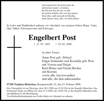 Traueranzeige von Engelbert Post von Tageszeitung