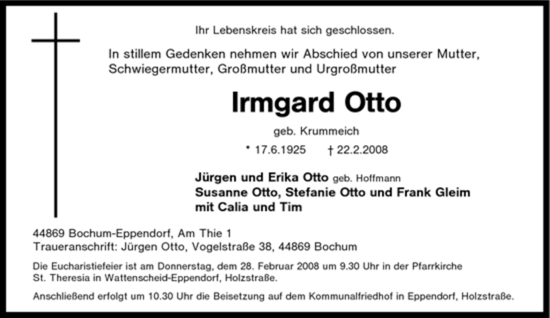  Traueranzeige für Irmgard Otto vom 26.02.2008 aus Tageszeitung