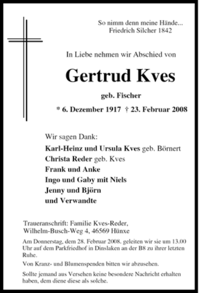  Traueranzeige für Gertrud Kves vom 26.02.2008 aus Tageszeitung