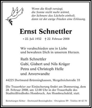 Traueranzeige von Ernst Schnettler von Tageszeitung