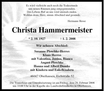 Traueranzeige von Christa Hammermeister von Tageszeitung
