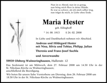Traueranzeige von Maria Hester von Tageszeitung