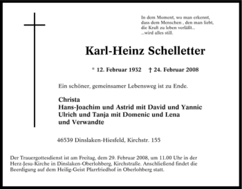 Traueranzeige von Karl-Heinz Schelletter von Tageszeitung