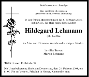 Traueranzeige von Hildegard Lehmann von Tageszeitung